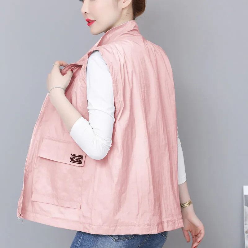 Vestă de vară subțire cu guler pentru femei, culoare caramelă, supradimensionată, 5xl, largi, fără mâneci, cu fermoar, vestă ușoară, căptușită, casual