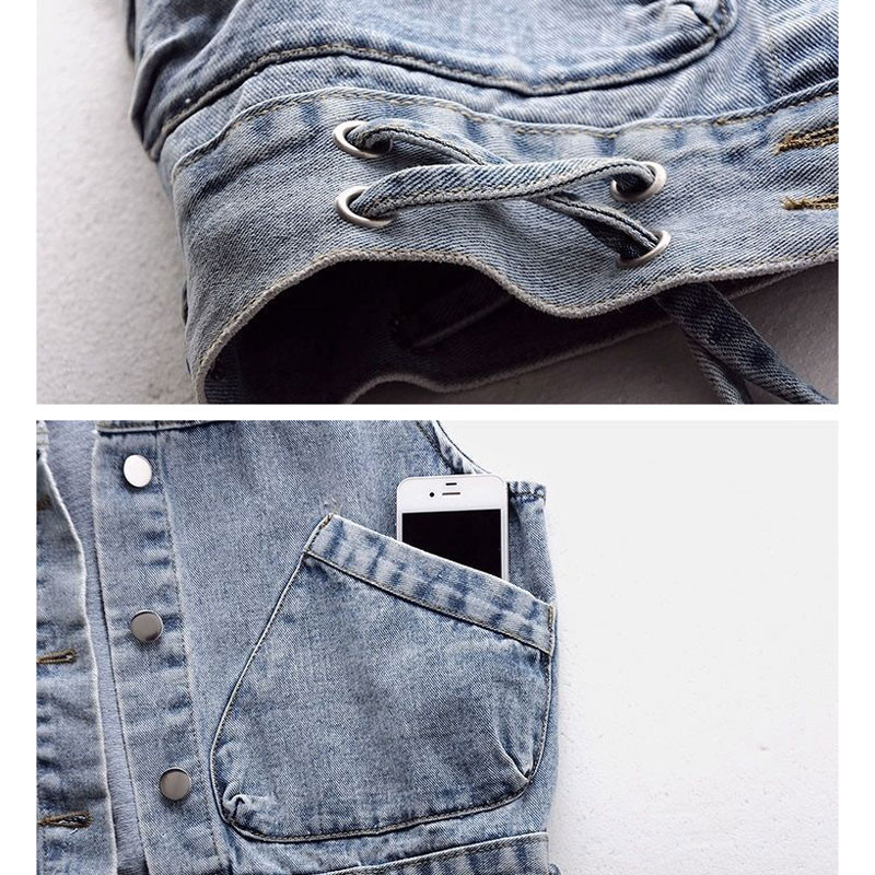 Proljeće ljeto traper prsluk Ženski remen bez rukava Kratke traperice Prsluci Studentska moda Jednoredno kopčanje Jakne s džepovima