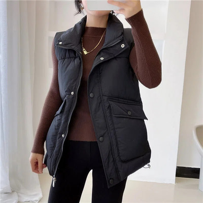 Есен Зима Топла дамска ежедневна жилетка Oversize 3XL Базово памучно яке без ръкави Парки с цип и яка с подплатена жилетка