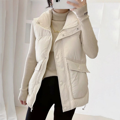 Есен Зима Топла дамска ежедневна жилетка Oversize 3XL Базово памучно яке без ръкави Парки с цип и яка с подплатена жилетка