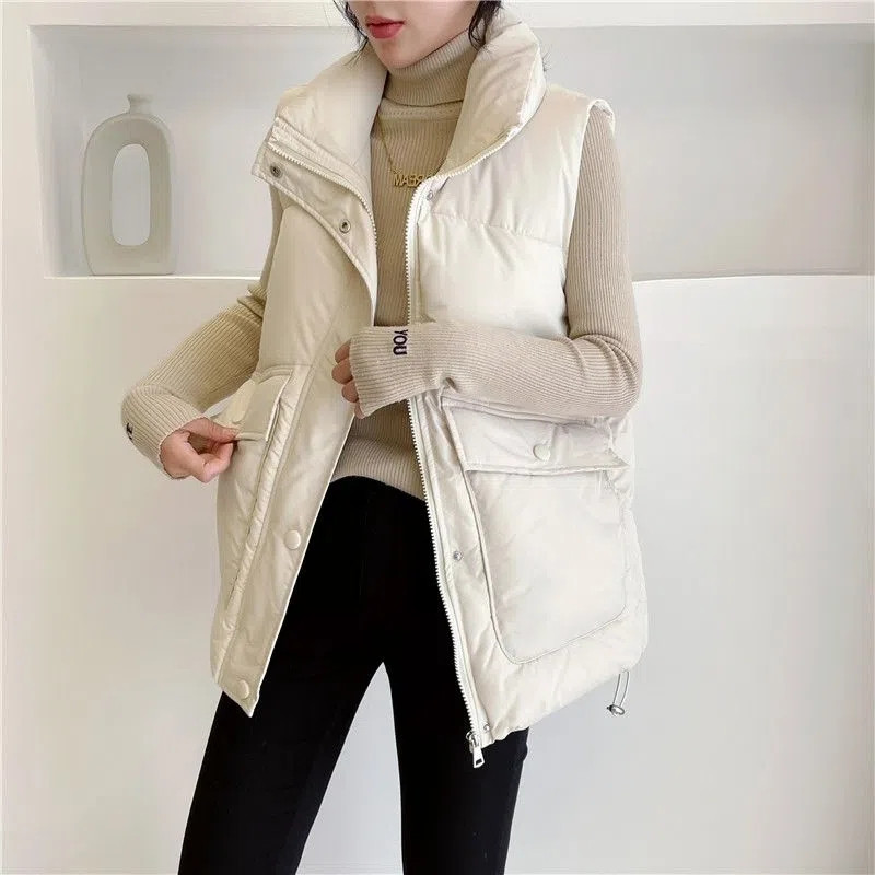 Rudens žiemos šilta moteriška laisvalaikio liemenė 3XL pagrindinė medvilninė striukė be rankovių Parkas su užtrauktuku aukštyn apykakle paminkštinta liemenė