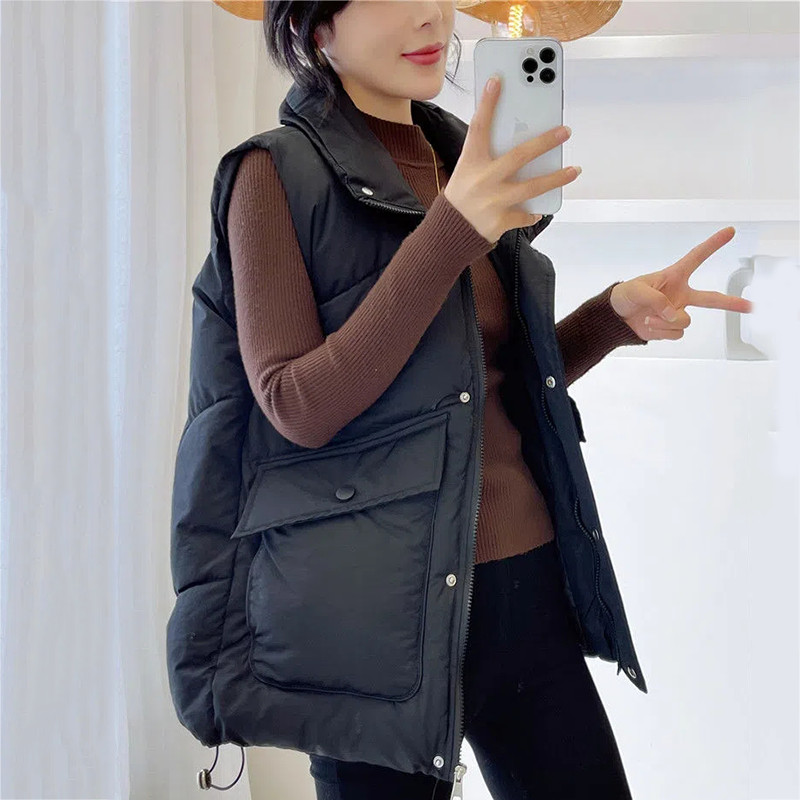 Rudens žiemos šilta moteriška laisvalaikio liemenė 3XL pagrindinė medvilninė striukė be rankovių Parkas su užtrauktuku aukštyn apykakle paminkštinta liemenė