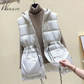 Veste casual cu glugă, cu talie subțire, pentru femei, supradimensionate, 4xl, fără mâneci, jachete din bumbac, toamnă, cu șnur, veste calde ultraușoare