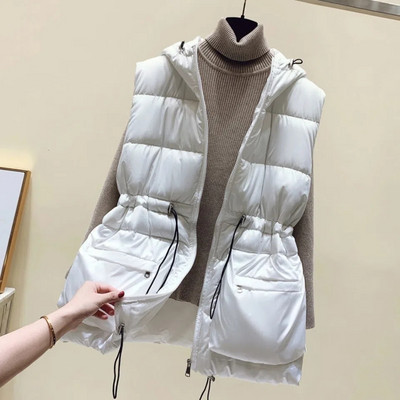 Veste casual cu glugă, cu talie subțire, pentru femei, supradimensionate, 4xl, fără mâneci, jachete din bumbac, toamnă, cu șnur, veste calde ultraușoare