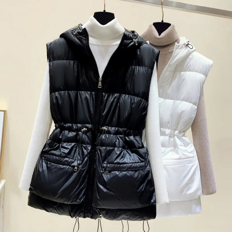 Veste casual cu glugă, cu talie subțire, pentru femei, supradimensionate, 4xl, fără mâneci, jachete din bumbac, toamnă, cu șnur, veste calde ultraușoare