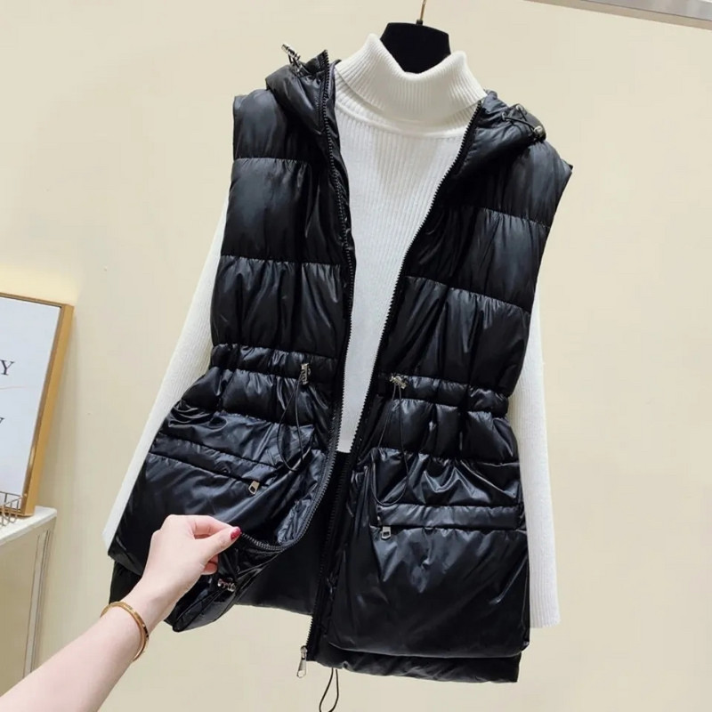 Veste casual cu glugă, cu talie subțire, pentru femei, supradimensionate, 4xl, fără mâneci, jachete din bumbac, toamnă, cu șnur, veste calde ultraușoare