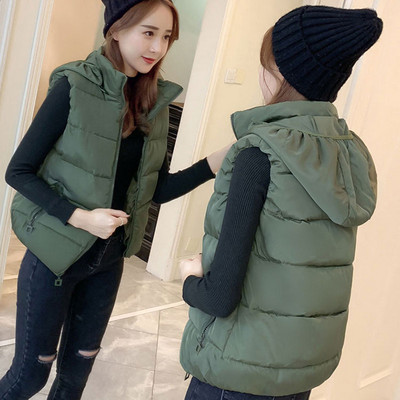 Черни топли зимни жилетки Дамски ежедневни паркове без ръкави с качулка Модно яке с цип и стояща яка Памучно есенно яке