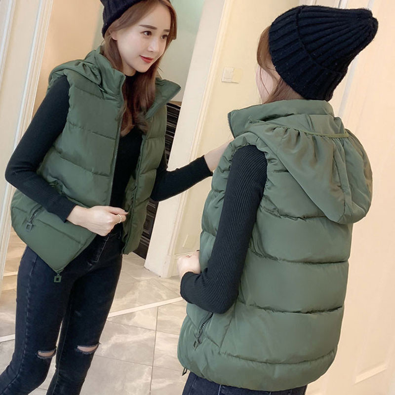 Čierne teplé zimné vesty Dámske ležérne s kapucňou bez rukávov Parky Módny zips so stojacím golierom a bavlnenou vestou Jesenná krátka bunda