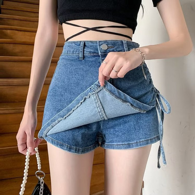 3 spalvų Džinsiniai sijonai Moteriški Asimetriškas dizainas Prašmatnus plonas aukštu liemeniu vasaros Ins Populiarūs koledžo moteriški drabužiai Faldas Suvarstomi