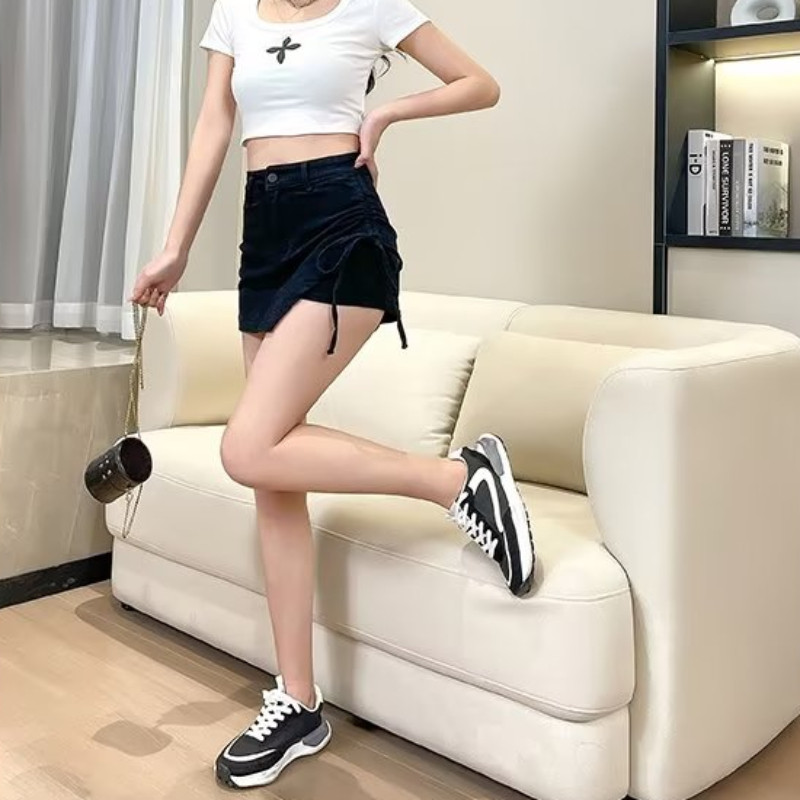 3 spalvų Džinsiniai sijonai Moteriški Asimetriškas dizainas Prašmatnus plonas aukštu liemeniu vasaros Ins Populiarūs koledžo moteriški drabužiai Faldas Suvarstomi