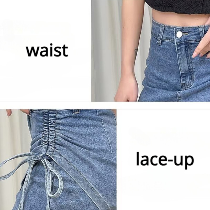 3 spalvų Džinsiniai sijonai Moteriški Asimetriškas dizainas Prašmatnus plonas aukštu liemeniu vasaros Ins Populiarūs koledžo moteriški drabužiai Faldas Suvarstomi