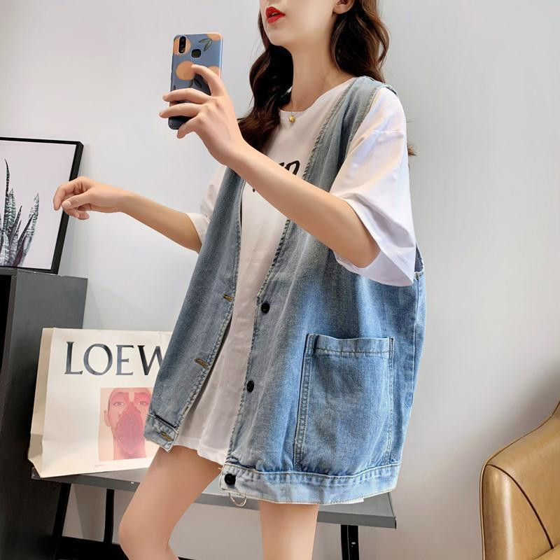 Vestă de blugi cu decolteu în V ocazional pentru femei, de bază, cu buzunar mare, bluză supradimensionată, Chalecos, pentru femei, primăvară, vară, veste de cowboy, prietenos