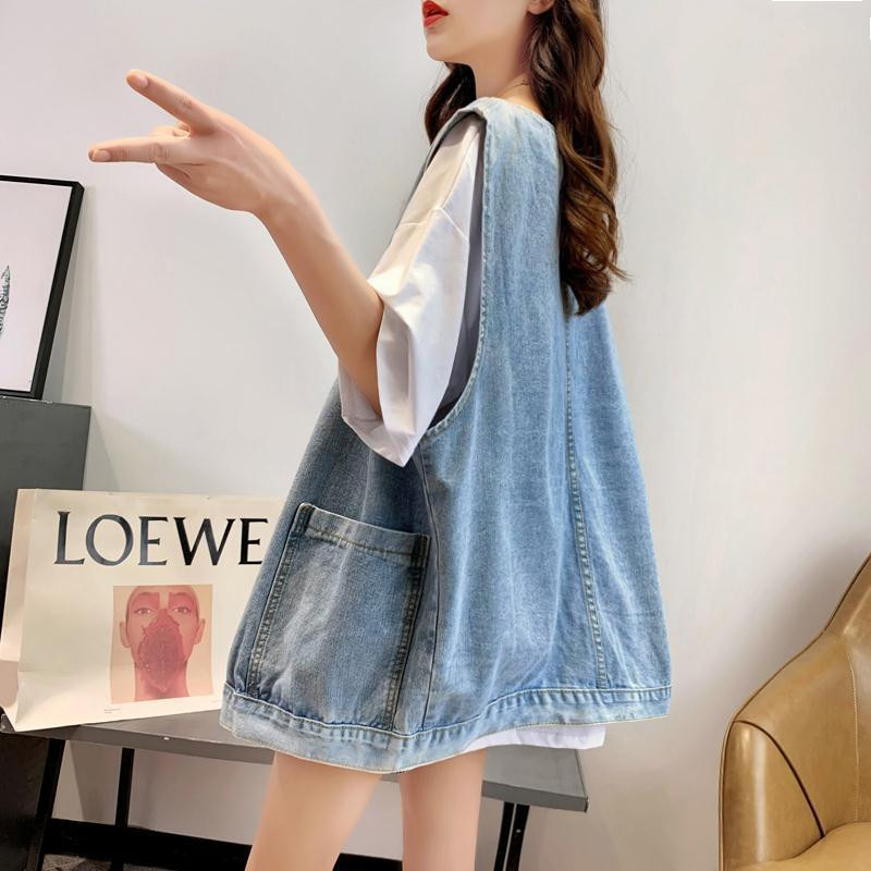 Vestă de blugi cu decolteu în V ocazional pentru femei, de bază, cu buzunar mare, bluză supradimensionată, Chalecos, pentru femei, primăvară, vară, veste de cowboy, prietenos