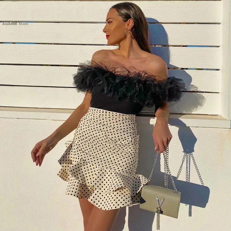 Suknja s kopčanjem na patentni zatvarač sa skrivenim šavovima s naboranim detaljima Nova ženska mini suknja visokog struka s točkicama boje vanilije