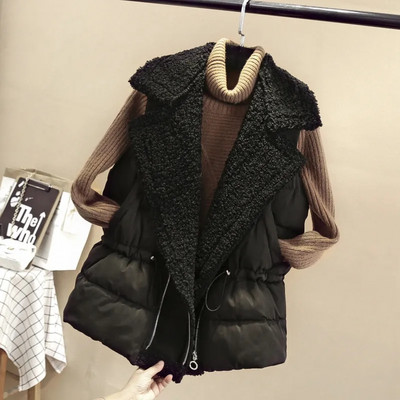 Vestă cu căptușeală din lână de miel cu design mozaic, femei, modă coreeană, talie subțire, din bumbac cald Chalecos, jachetă fără mâneci, guler de iarnă