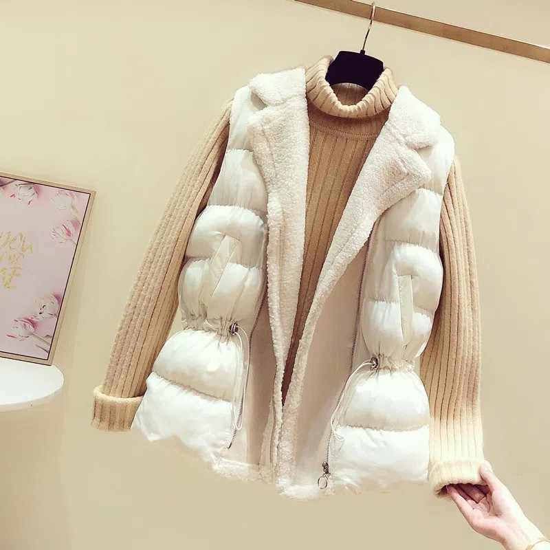 Dizainas Patchwork Lambwool Liner Liemenė Moteriška Korėjietiška Madinga Lieknas juosmuo Šiltas Medvilninis Chalecos Žieminis kostiumas Apykaklė Striukė be rankovių