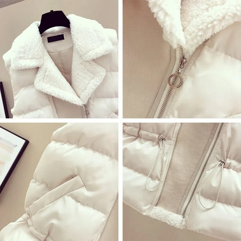 Dizainas Patchwork Lambwool Liner Liemenė Moteriška Korėjietiška Madinga Lieknas juosmuo Šiltas Medvilninis Chalecos Žieminis kostiumas Apykaklė Striukė be rankovių