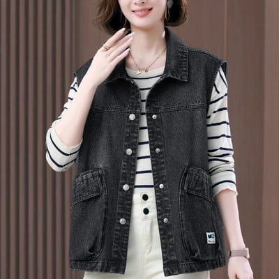 Oversize avara revääriga teksariidest vest naiste vabaaja teksa varrukateta jakid uus kevadsuvi Veste üherealine sinine must chalecos