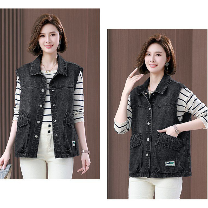 Oversize avara revääriga teksariidest vest naiste vabaaja teksa varrukateta jakid uus kevadsuvi Veste üherealine sinine must chalecos