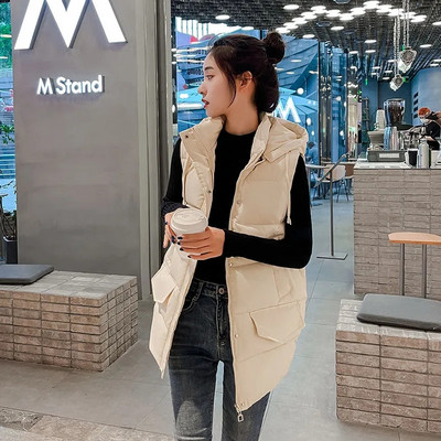 Pamučni prsluk srednje dužine s kapuljačom Ženski ležerni široki zimski kaput bez rukava, šešir koji se može odvojiti i ovratnik, topli podstavljeni prsluk