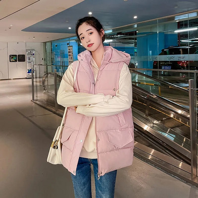 Pamučni prsluk srednje dužine s kapuljačom Ženski ležerni široki zimski kaput bez rukava, šešir koji se može odvojiti i ovratnik, topli podstavljeni prsluk