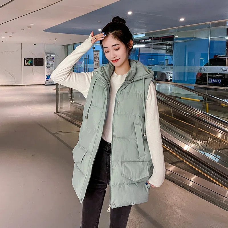 Pamučni prsluk srednje dužine s kapuljačom Ženski ležerni široki zimski kaput bez rukava, šešir koji se može odvojiti i ovratnik, topli podstavljeni prsluk