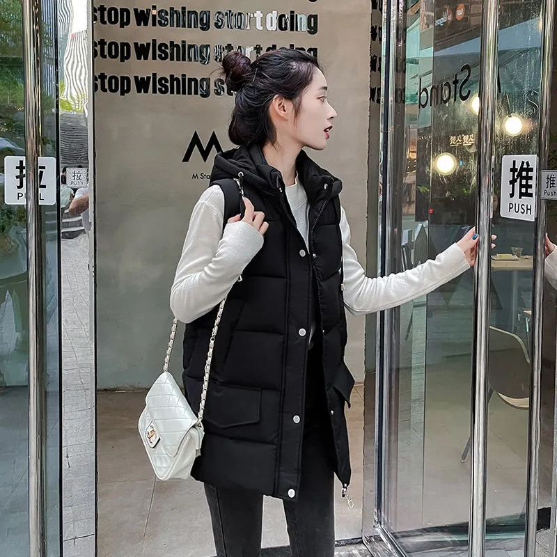 Pamučni prsluk srednje dužine s kapuljačom Ženski ležerni široki zimski kaput bez rukava, šešir koji se može odvojiti i ovratnik, topli podstavljeni prsluk