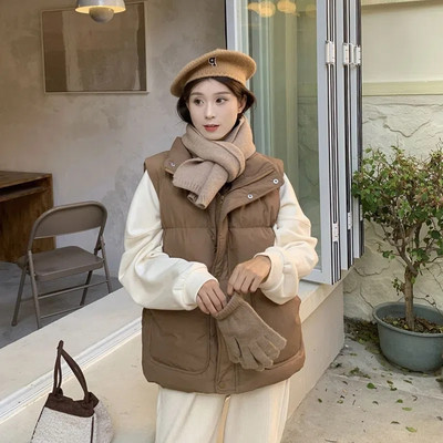 Korejski modni pamučni prsluk uskog struka Zimske tople kratke jakne bez rukava Ženske ležerne parke sa samostojećim ovratnikom Jesenske podstavljene majice