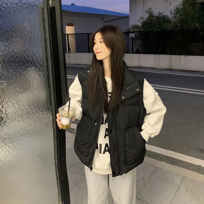 Korejski modni pamučni prsluk uskog struka Zimske tople kratke jakne bez rukava Ženske ležerne parke sa samostojećim ovratnikom Jesenske podstavljene majice