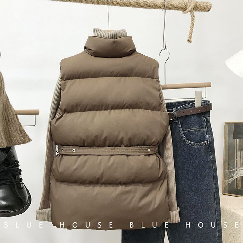 Korejski modni pamučni prsluk uskog struka Zimske tople kratke jakne bez rukava Ženske ležerne parke sa samostojećim ovratnikom Jesenske podstavljene majice