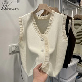Design din lemn cu marginea urechilor veste cu tricot pentru femei, modă coreeană, pulover cu butoane perle, cardigan fără mâneci, primăvară, toamnă, veste tricotate