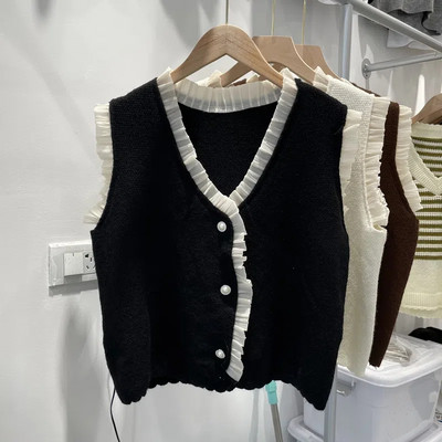 Design din lemn cu marginea urechilor veste cu tricot pentru femei, modă coreeană, pulover cu butoane perle, cardigan fără mâneci, primăvară, toamnă, veste tricotate