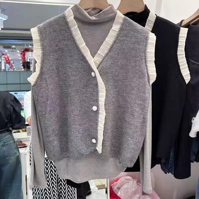 Design din lemn cu marginea urechilor veste cu tricot pentru femei, modă coreeană, pulover cu butoane perle, cardigan fără mâneci, primăvară, toamnă, veste tricotate