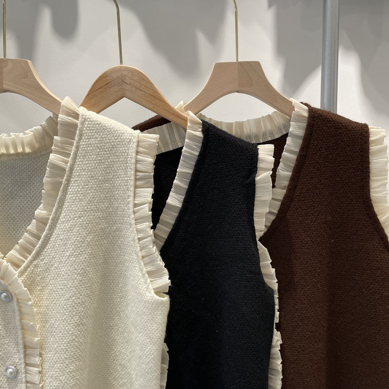 Σχεδιασμός Ξύλινα Αυτιά Πλεκτά Γιλέκα Γυναικεία Κορεάτικη Μόδα Πουλόβερ με μαργαριτάρια με κουμπιά Αμάνικη ζακέτα Ανοιξιάτικα πλεκτά γιλέκα