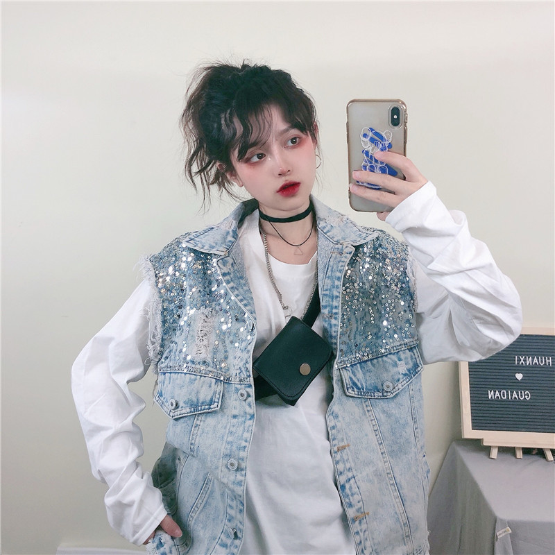 Ulični traper prsluk Ženski dizajn sa šljokicama y2k jakna bez rukava Korejski modni traper prsluk Wash Loose Cowboy Top Crop Cardign