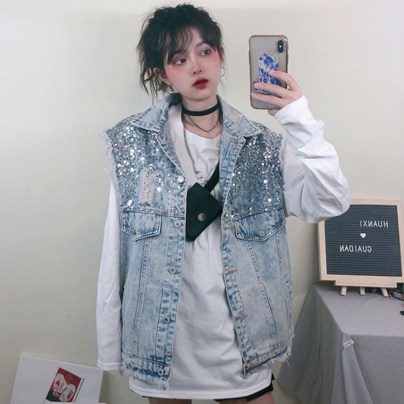 Ulični traper prsluk Ženski dizajn sa šljokicama y2k jakna bez rukava Korejski modni traper prsluk Wash Loose Cowboy Top Crop Cardign