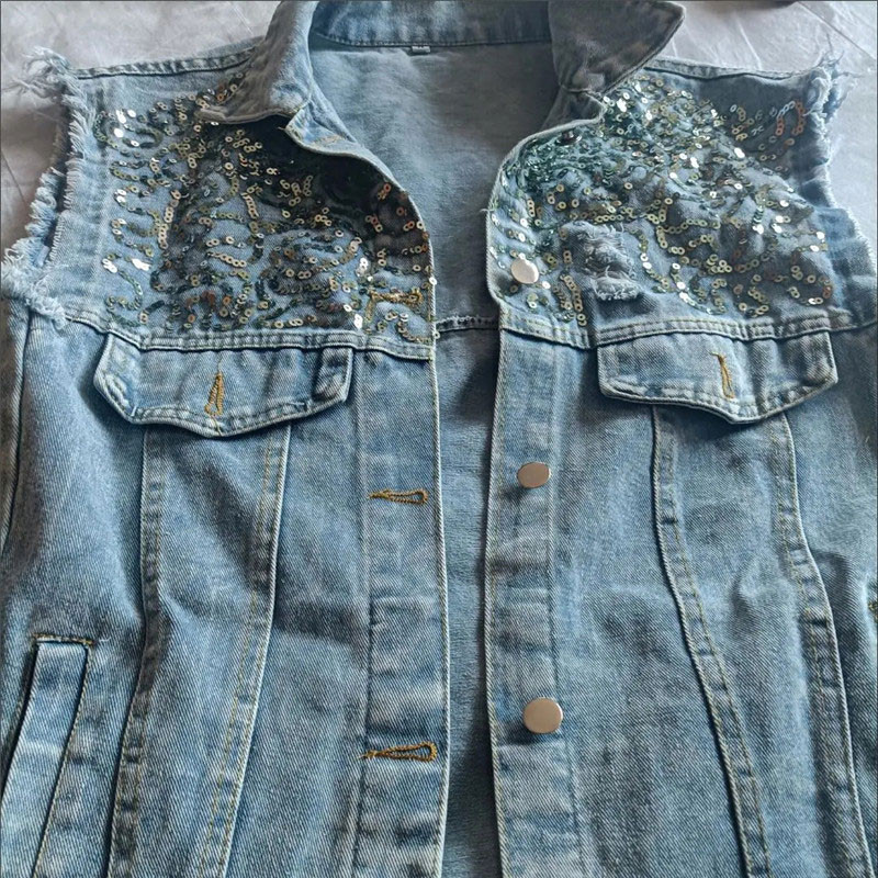 Ulični traper prsluk Ženski dizajn sa šljokicama y2k jakna bez rukava Korejski modni traper prsluk Wash Loose Cowboy Top Crop Cardign