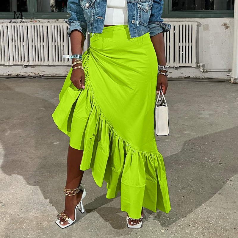 Módne nepravidelné volánové sukne pre ženy Bodycon Streetwear Y2K jednofarebné vysoké pásové elegantné dámske skladané maxi šaty