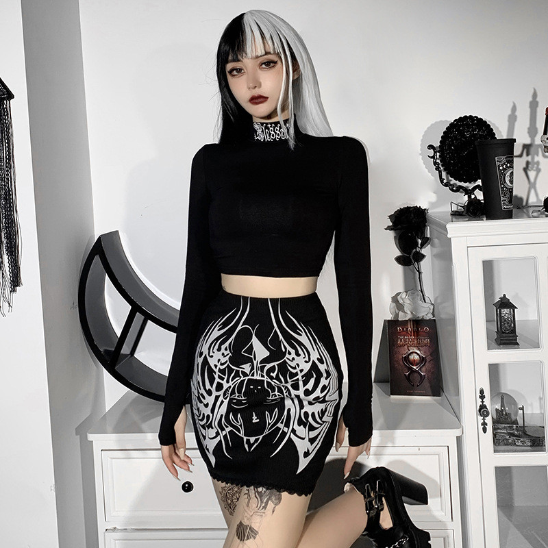 Fitshinling Goth Bud Sexy sukňa s potlačou tmavých púčikov, pletené sukne, gotický punk, Cos Faldas Mini Streetwear Jupe, dámska čipka, štíhla