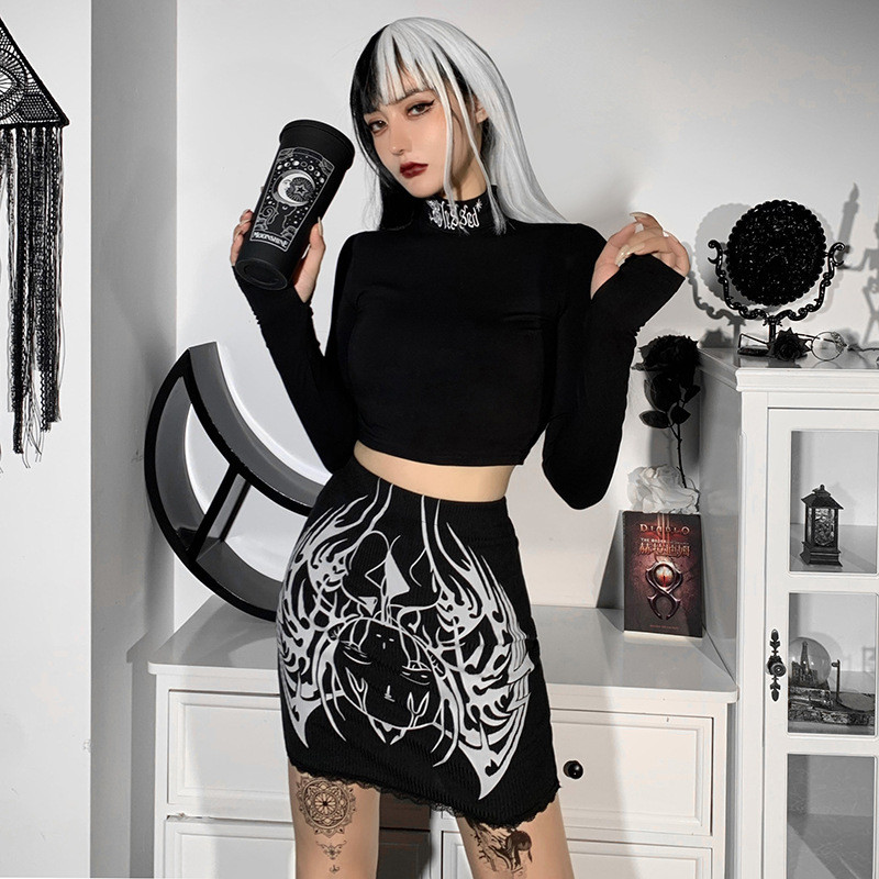 Fitshinling Goth Bud Sexy sukňa s potlačou tmavých púčikov, pletené sukne, gotický punk, Cos Faldas Mini Streetwear Jupe, dámska čipka, štíhla