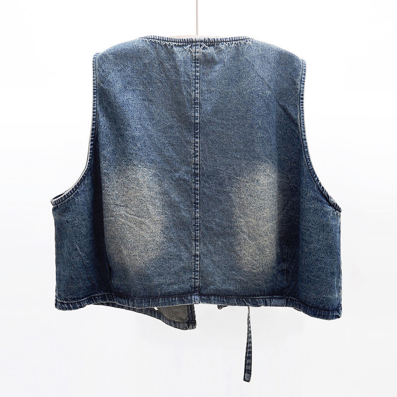 Vintage kratki traper prsluk s V-izrezom Ženski široki ležerni kaubojski kardigan bez rukava na vezanje 2023. proljeće ljeto Boyfriend Jean Chalecoa