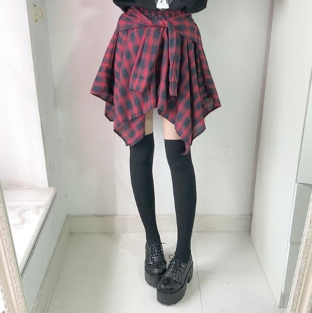 Harajuku 2019. Ležerne ženske modne asimetrične suknje Ljetne karirane suknje s mašnom visokog struka Punk ženske nepravilne gotičke suknje Mujer