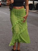 VGH fustă sexy din dantelă solidă transparentă pentru femei, cu talie înaltă, cu volane, moale, pentru slăbire, fuste lungi, bodycon, îmbrăcăminte de modă pentru femei 2023