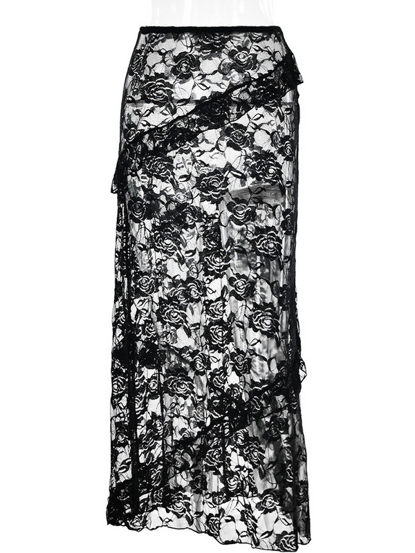 VGH fustă sexy din dantelă solidă transparentă pentru femei, cu talie înaltă, cu volane, moale, pentru slăbire, fuste lungi, bodycon, îmbrăcăminte de modă pentru femei 2023