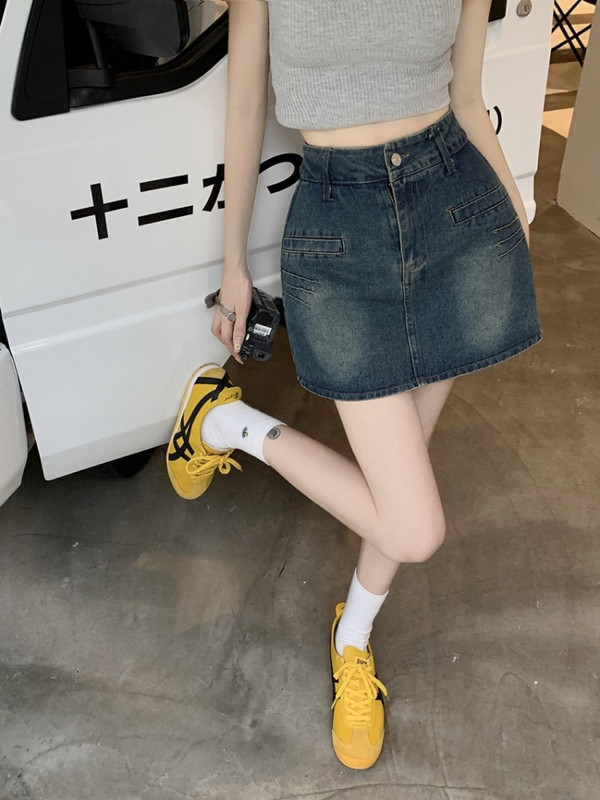 2023 Hong Kong Wind Retro Fusta denim cu talie înaltă Femei Vară Slăbire Geantă subțire Fusta scurtă de șold Fusta sălbatică cu design de nișă