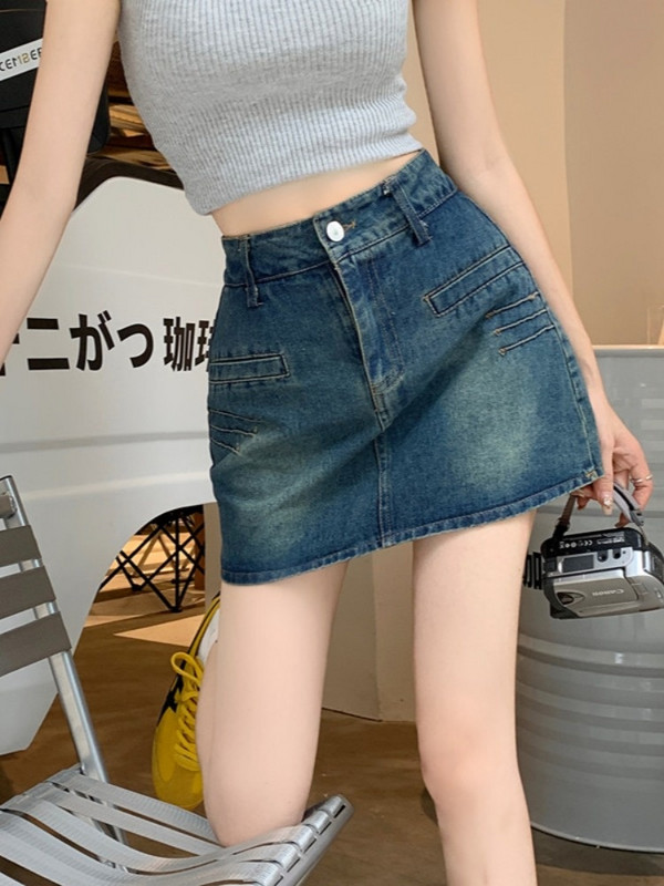 2023 Hong Kong Wind Retro Fusta denim cu talie înaltă Femei Vară Slăbire Geantă subțire Fusta scurtă de șold Fusta sălbatică cu design de nișă