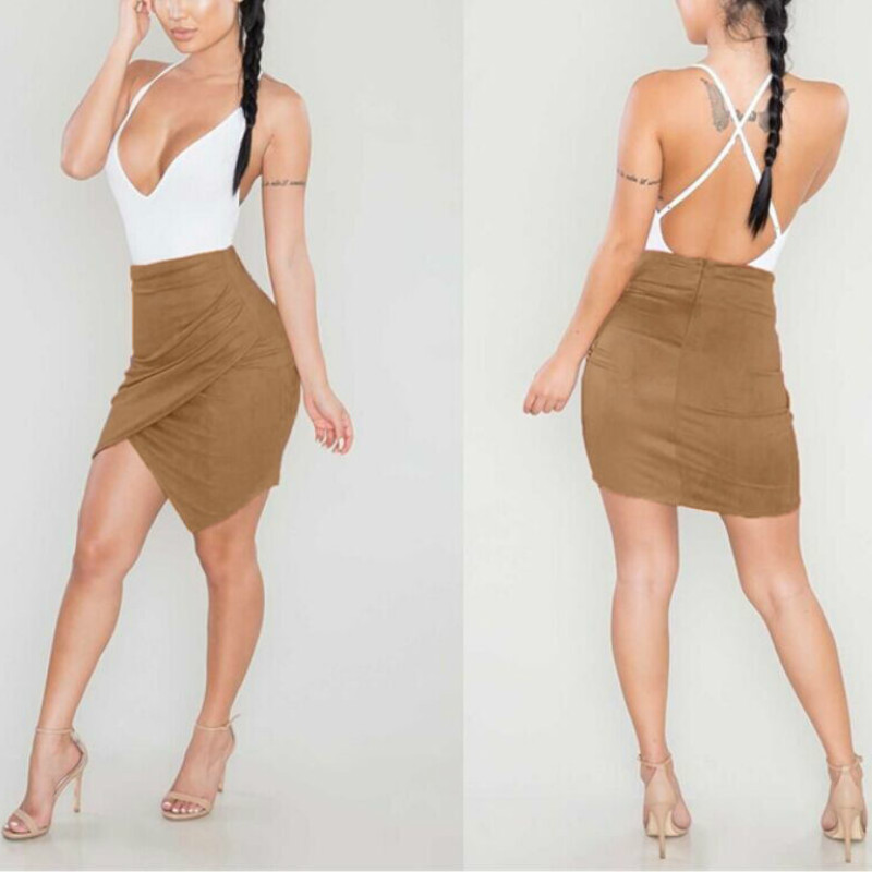 Nove modne ženske elegantne asimetrične kratke mini suknje s visokim strukom na vezanje od antilop kože s džepovima