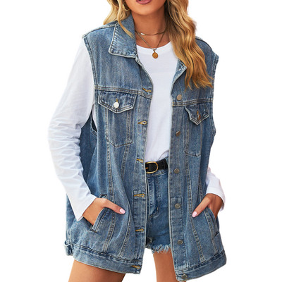Palton supradimensionat din bumbac, buzunare cu nasturi, stil vintage, pentru femei, vestă fără mâneci, culoare uni, vestă clasică de jeans, ținută de vacanță