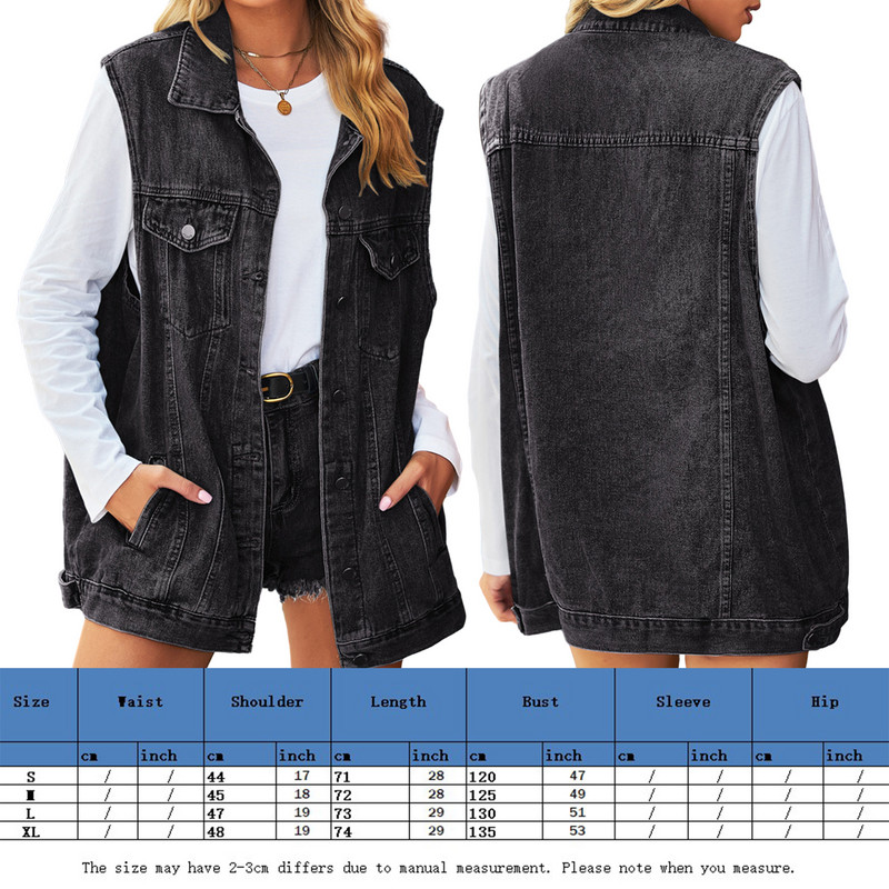 Palton supradimensionat din bumbac, buzunare cu nasturi, stil vintage, pentru femei, vestă fără mâneci, culoare uni, vestă clasică de jeans, ținută de vacanță