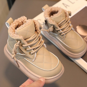 Тенденция за 2023 г., модни зимни ботуши Martin за момичета, ботуши за сняг от карирана PU кожа в корейски стил Дебели топли плюшени ежедневни обувки за деца